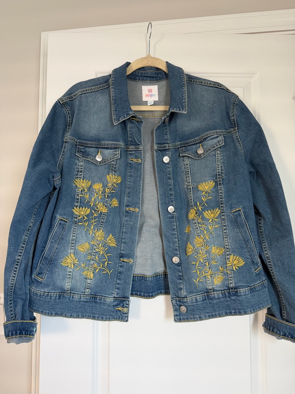 LuLaRoe Blue Denim Jacket with Yellow Floral Embroidery